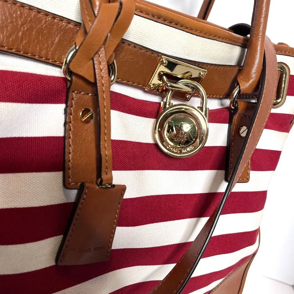 Michael Kors Large Hamilton Brown Leather Trim Red & White Canvas Tote